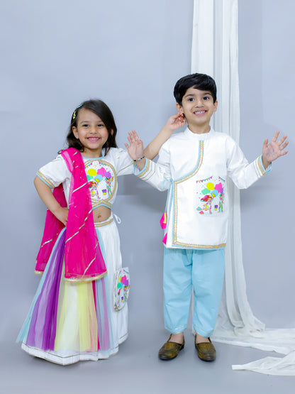 Kids Playing Holi printed pocket Kurta Pyjama set