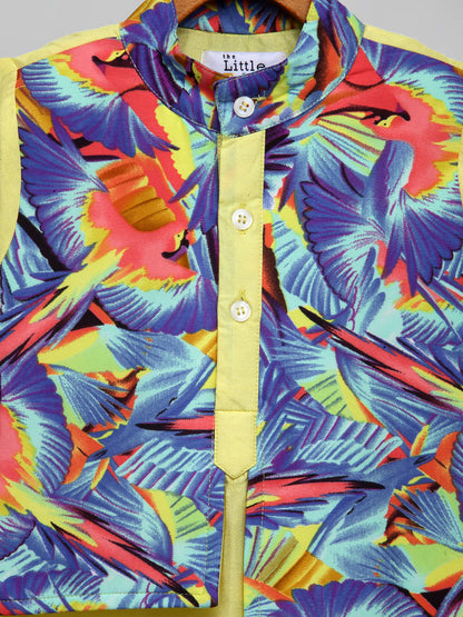 Lime Yellow Kurta with Printed jacket attached Kurta Pyjama