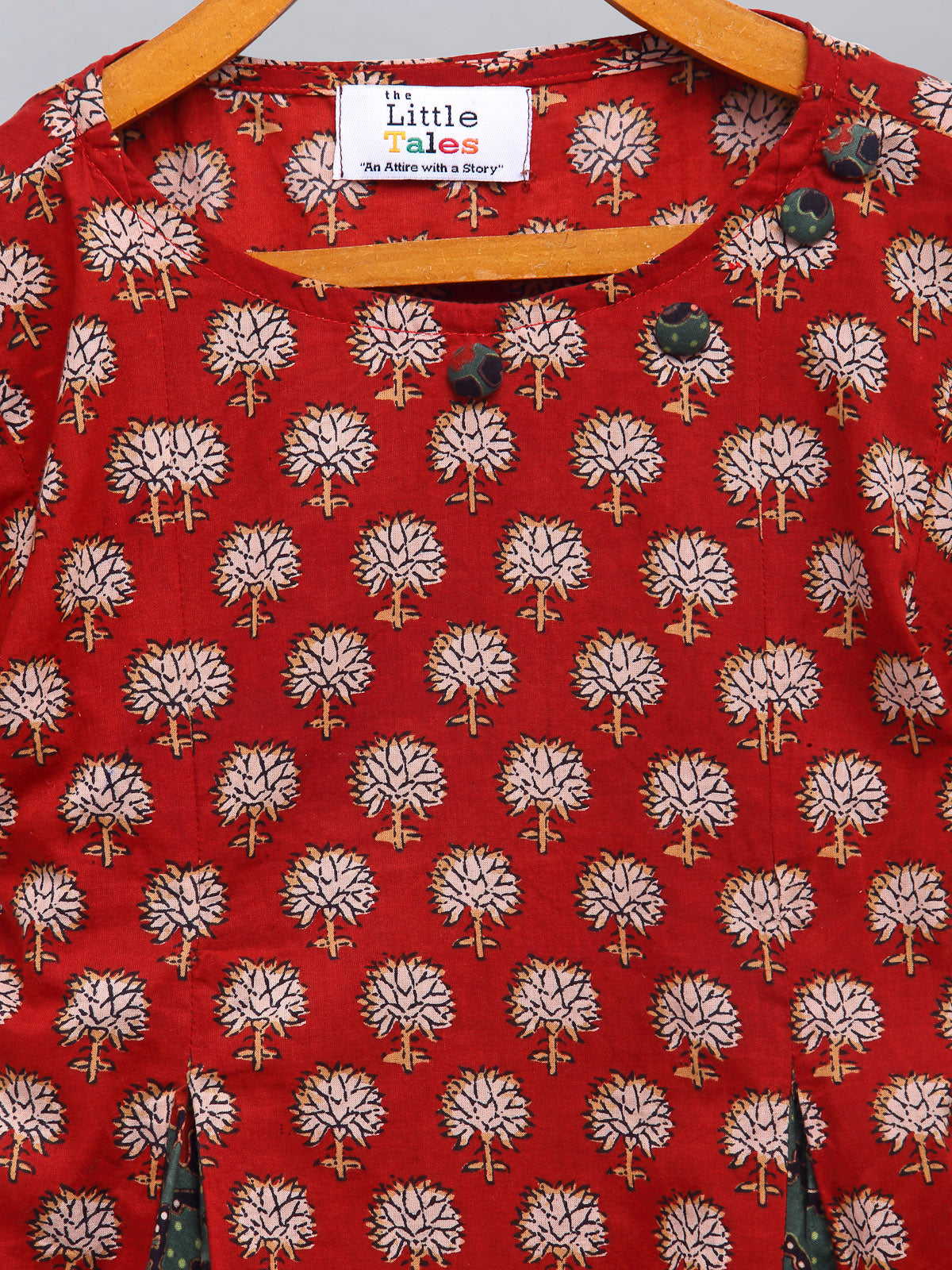 Red Printed Godet Kurta with Offwhite Pyjama