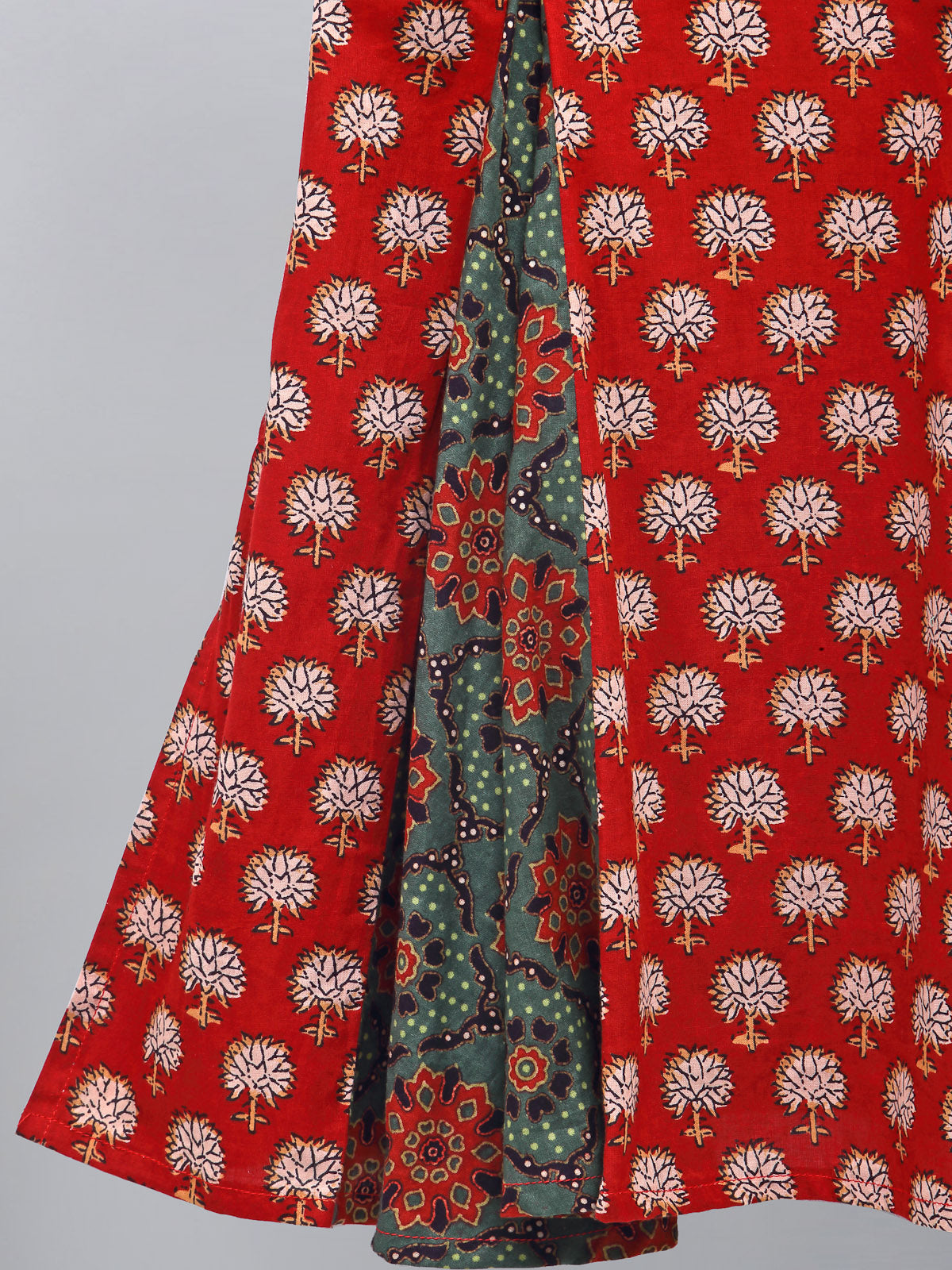 Red Printed Godet Kurta with Offwhite Pyjama