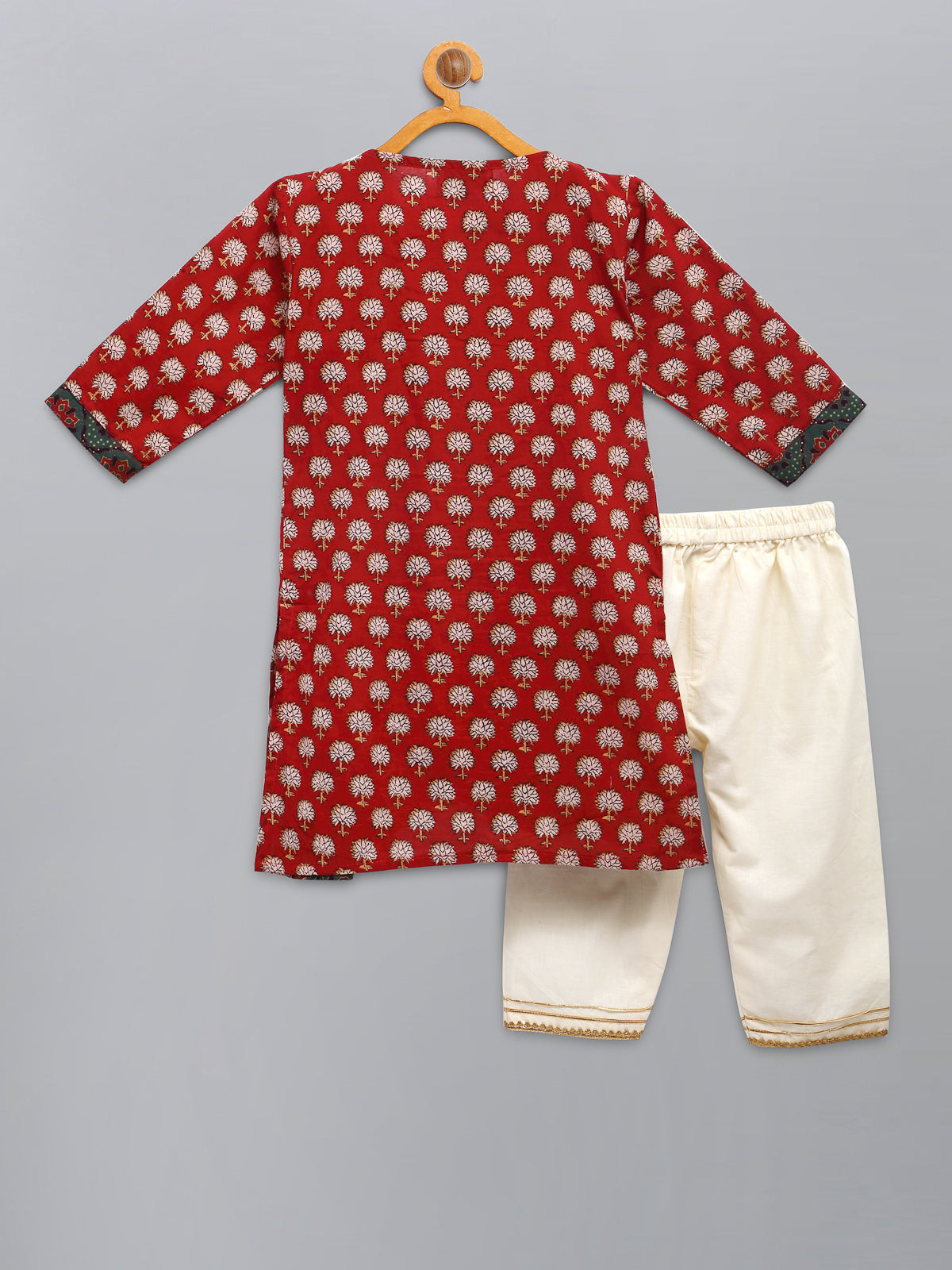 Red Printed Godet Kurta with Offwhite Pyjama