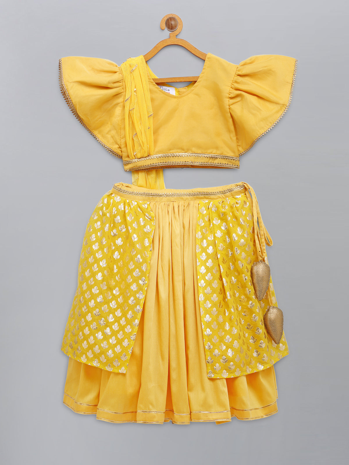 Mustard Blouse with attached net Dupatta and double layered lehnga