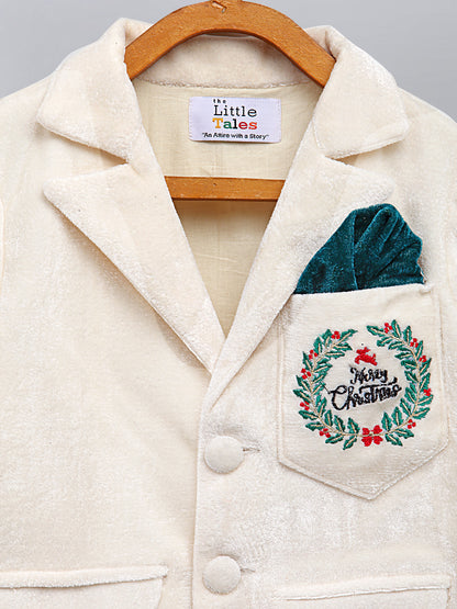 Off white Merry Christmas Embroidered Velvet Blazer